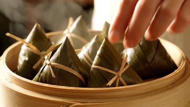 Dragon Boat Festival rice dumplings in a bamboo steamer, hot rice dumplings in a steamer