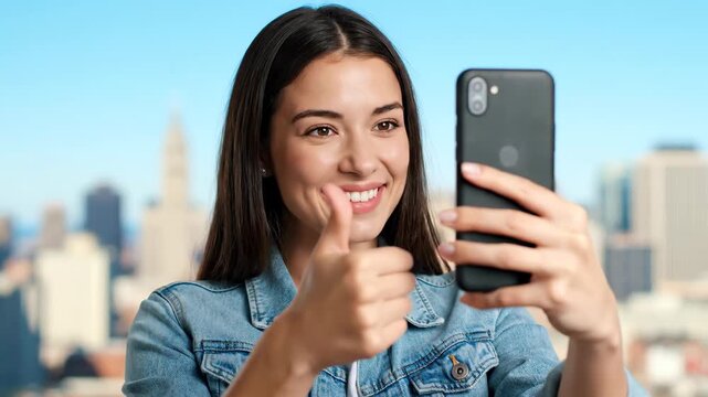 Women take selfie footage outdoors with their phones, women take selfies with their phones raised