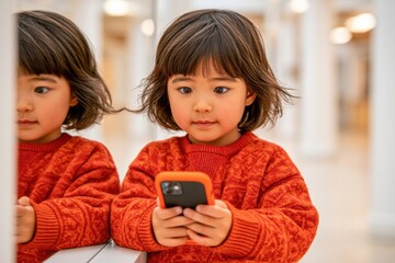 Fototapeta premium Young girl in a red sweater focused on a smartphone while standing by a mirror indoors