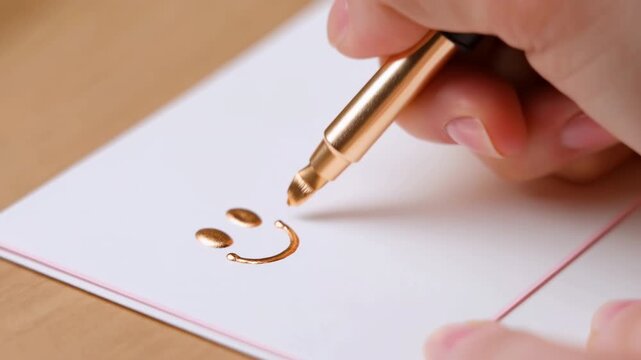 Hand writing with gold pen on white paper at a wooden desk