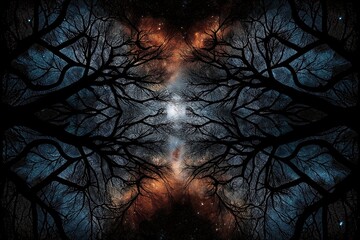 Naklejka premium Mysterious Night Sky with Bare Tree Silhouettes and Cosmic Glow