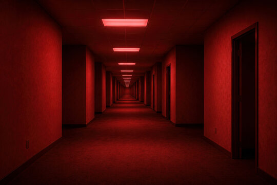 Empty Creepy Red Corridor Based on the Backrooms Internet Concept, Ominous Dimly Lit Liminal Space, Scary Infinite Office Hallway