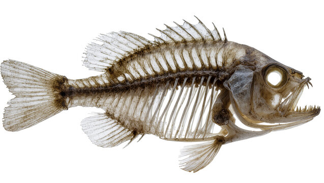 Fish skeleton with sharp teeth and fins