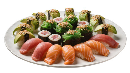 Assortment of Sushi Rolls and Nigiri with Avocado Tuna, and Salmon © Gabriela