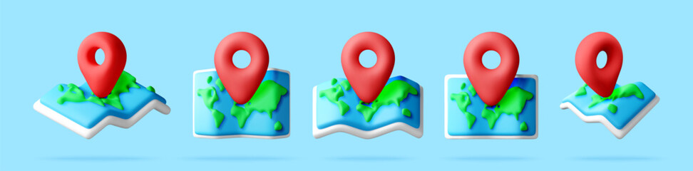 Fototapeta na wymiar 3D set of world maps with red navigation pins. Collection of travel icons for location tracking. Geographic concept for global logistics, tourism and destination discovery. Vector illustration