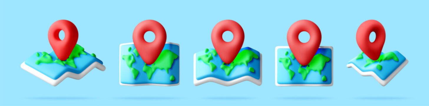 3D set of world maps with red navigation pins. Collection of travel icons for location tracking. Geographic concept for global logistics, tourism and destination discovery. Vector illustration