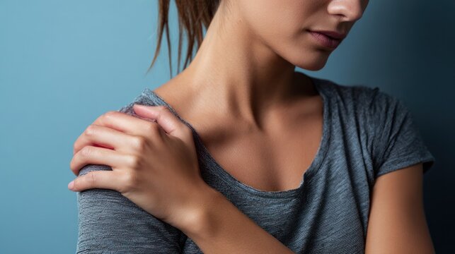 Shoulder Pain Discomfort: A woman holds her shoulder, her expression conveying pain and discomfort, a visual representation of physical suffering and a need for healing.
