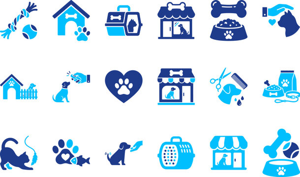 Collection of pet care icons including animals supplies and shops.