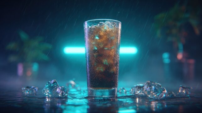 Tall glass filled with dark, carbonated beverage sits on a wet surface surrounded by ice cubes in dim neon light