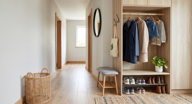 Practical hallway storage with wardrobe, bench, baskets, and plant, creating a relatable family home interior focused on entry organization and daily use.