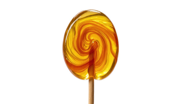 Swirled amber hard candy lollipop on wooden stick, isolated on transparent background