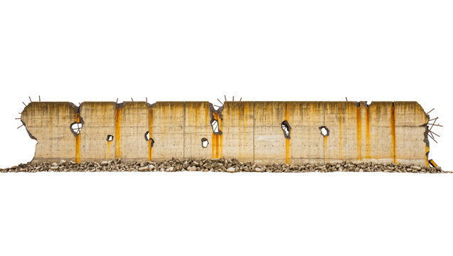 Damaged concrete barrier with exposed rebar and rubble, isolated on transparent background