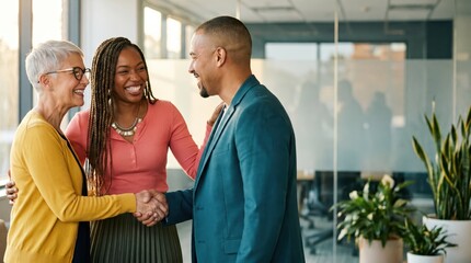 Naklejka premium Generative AI, Diverse Business Professionals Greeting with Handshake and Smiling in Corporate Office