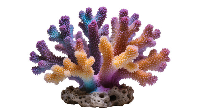 Vibrant branching coral with purple blue, and orange tips on textured rock base