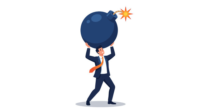 Stressed Businessman Carrying Giant Bomb flat vector illustration of a man in a suit lifting a heavy explosive with a burning fuse ideal for business risk management and financial crisis concepts.