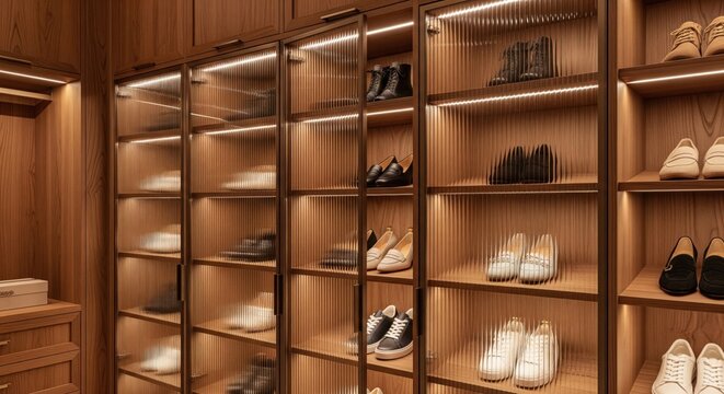 Fluted glass shoe cabinet with warm integrated lighting in luxury closet, showing boutique storage, refined materials, and premium organization in modern interior design.