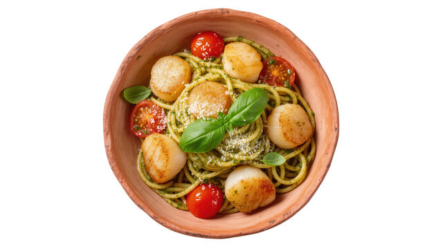 Seared scallops with pesto pasta and cherry tomatoes, isolated on transparent background