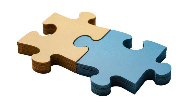 Two stacks of interlocking puzzle pieces one beige, one blue