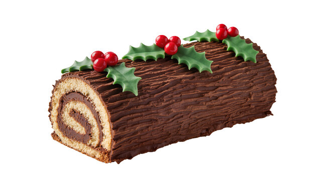 Chocolate Yule Log Cake with Holly and Berries Decoration