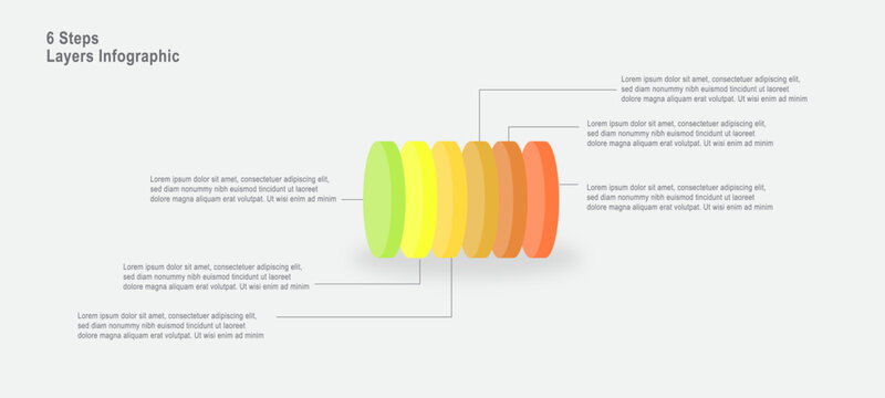 Modern 6 steps layered infographic vector with colorful stacked circular elements and connected text labels. Perfect for business presentations, process visualization, workflow planning,