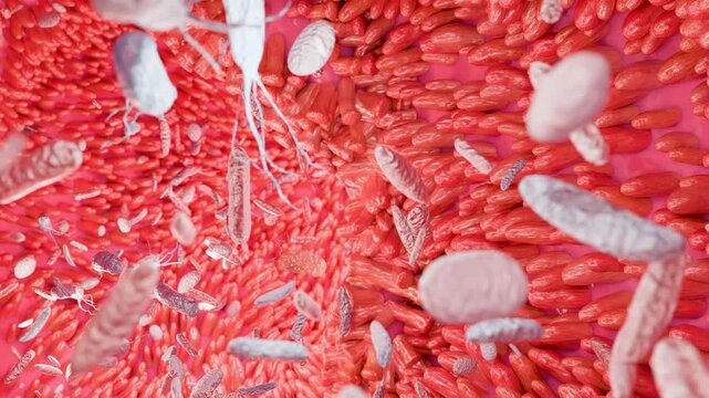 Bacteria Moving Between Intestinal Microvilli, Gut Microbiota and Absorption Process, Probiotic Microorganisms Traveling Through the Digestive System, 3d render