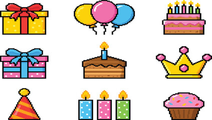 Naklejka premium Pixel art birthday celebration collection with gift boxes balloons cake and party hat icons