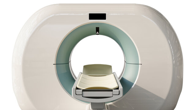Modern CT scanner machine with patient bed, isolated on transparent background