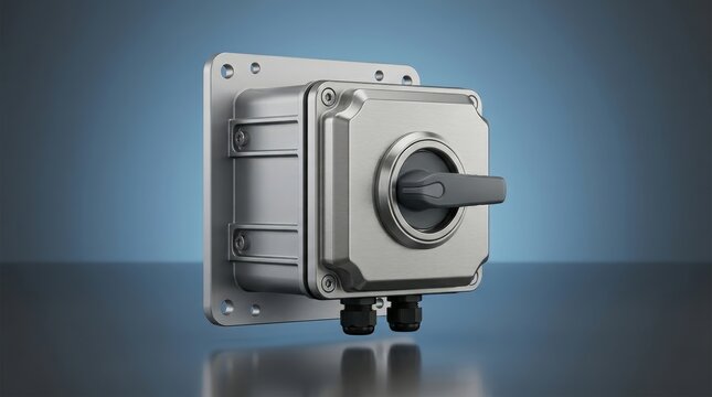 Industrial safety interlock housing 3D render, protective safety control enclosure, machine guarding interlock casing, secure access control housing component