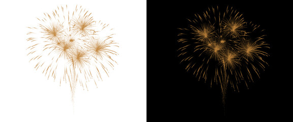 Obraz premium Golden fireworks burst on black and white backgrounds, sparkling pyrotechnic explosion set, festive gold firework display for celebration and holiday events