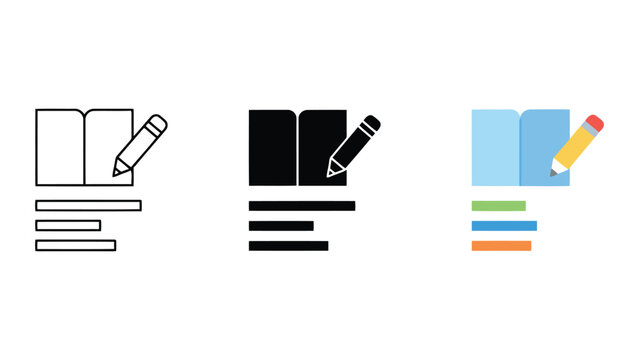 Creative writing and content creation vector illustration showing an open book a pencil and stylized text lines for educational projects