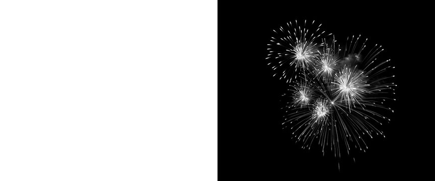 Monochrome fireworks display on black background, white firework burst overlay, festive pyrotechnic explosions for holiday design
