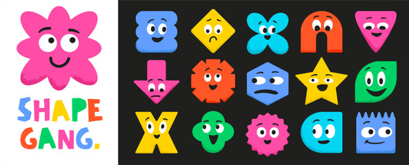 Obraz premium Cute geometric shapes with expressive faces and emotions. Colorful abstract figures featuring smiles, eyes, and playful characters for modern design projects.