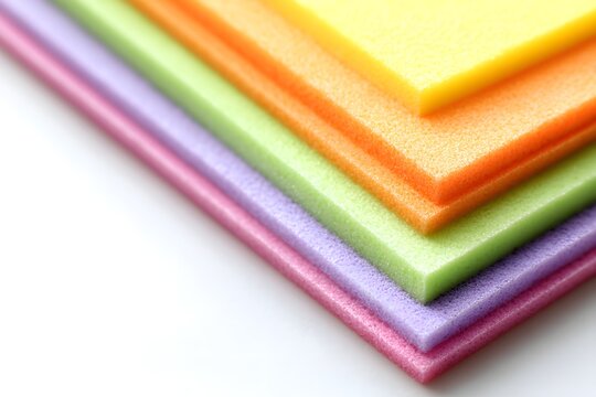 A stack of precisely cut geometric foam sheets in vibrant pastel colors, isolated on a clean background, perfect for crafting and artistic projects.
