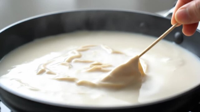 Close-up of white ingredients cooked in a pot, the process of boiling soy milk and peeling beans