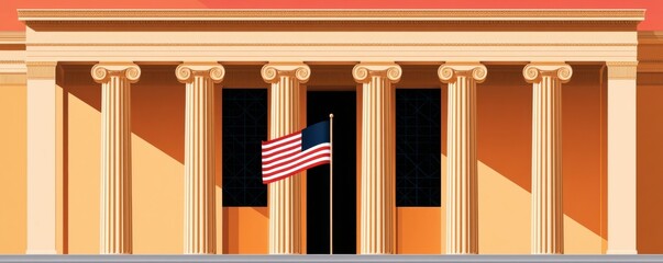 Naklejka premium Neoclassical building with cream colonnade and American flag in warm light