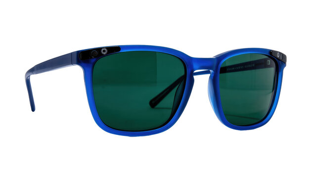 Blue framed sunglasses with dark green lenses, isolated on transparent background