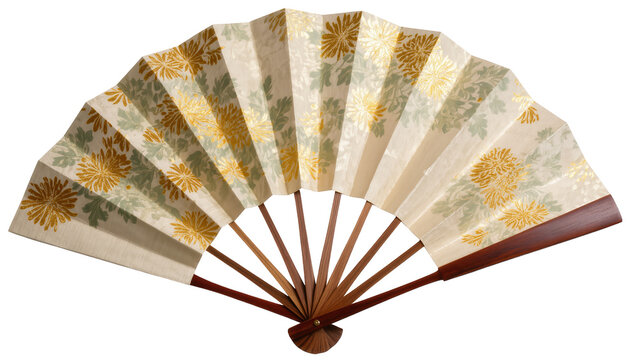 Japanese floral paper fan with wooden ribs, isolated on transparent background