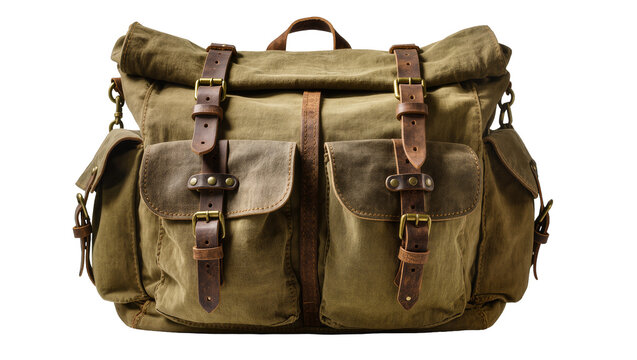 Olive green canvas messenger bag with brown leather straps and buckles