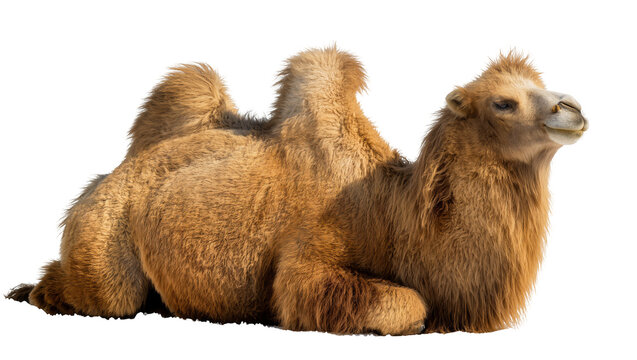 Dromedary camel resting on white, side profile