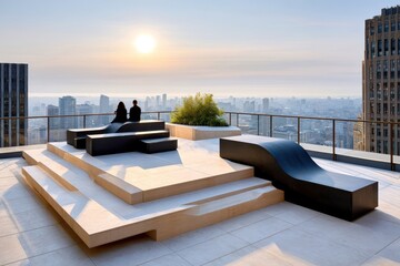Obraz premium Rooftop observation deck with panoramic city skyline view at sunset and two silhouetted figures