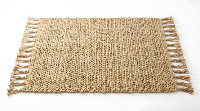 A rectangular natural fiber woven rug with fringes on a white background, viewed from an elevated angle.