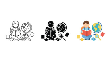 Global education geographic study and world knowledge research with person reading book globe papers magnifying glass vector icon set © Fahim