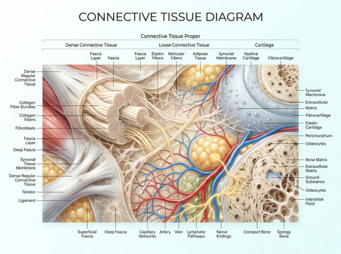 Detailed anatomical diagram showing the complex structural composition of human connective tissues including bone cartilage fascia and various vascular networks