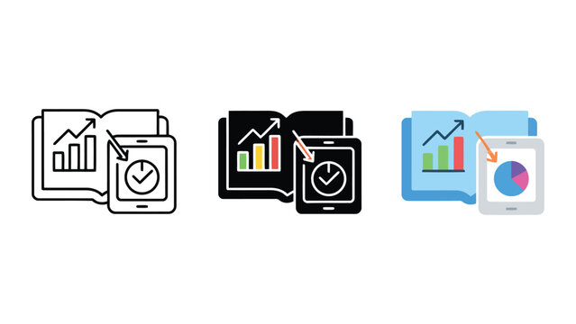 Business analytics concept showing open book with rising bar chart and tablet displaying decreasing pie chart