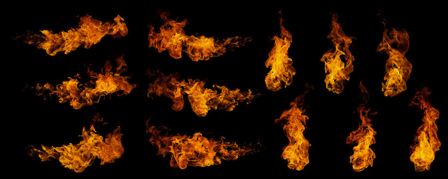 Collection of realistic fire flame elements isolated on black background. High-quality burning texture overlays for graphic design, special effects, photo editing, and creative cinematic compositions.