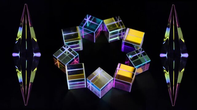 dichroic crystal prism cubes refracting light into a beautiful display of rainbow colors