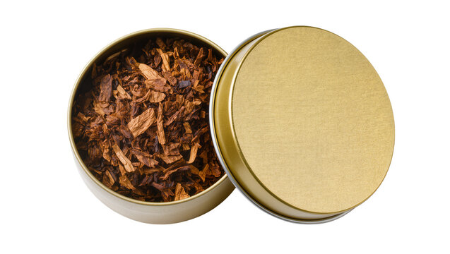 Open golden tin can filled with dried tobacco leaves