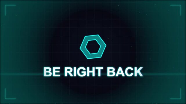 Futuristic neon cyan hexagon logo with be right back text on dark teal tech interface background