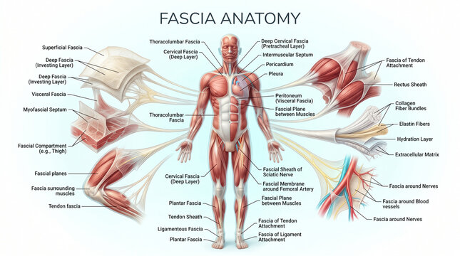 Detailed human anatomy chart showing various types of fascia layers with labels for medical education and scientific research study purposes