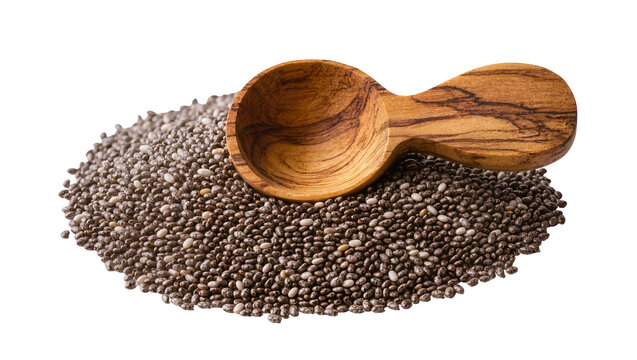Wooden spoon with chia seeds pile